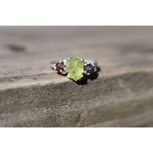 Raw Garnet and Peridot Engagement Ring
